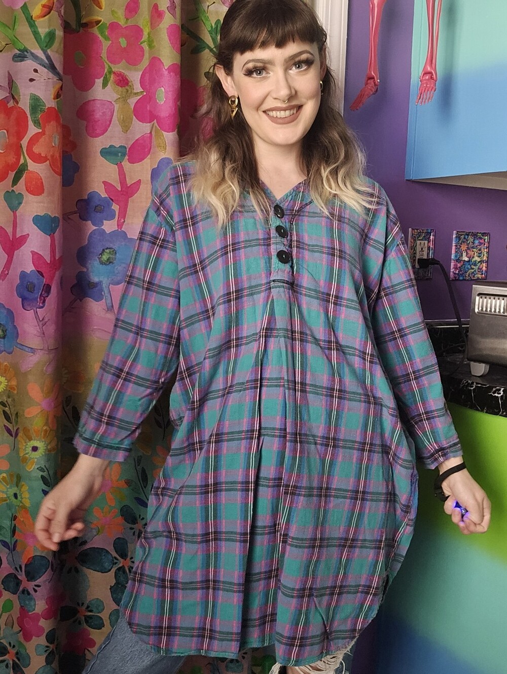 Bold Spirit 90's Vintage Blue Green Pink Purple Plaid Loungewear Sleep Nightgown